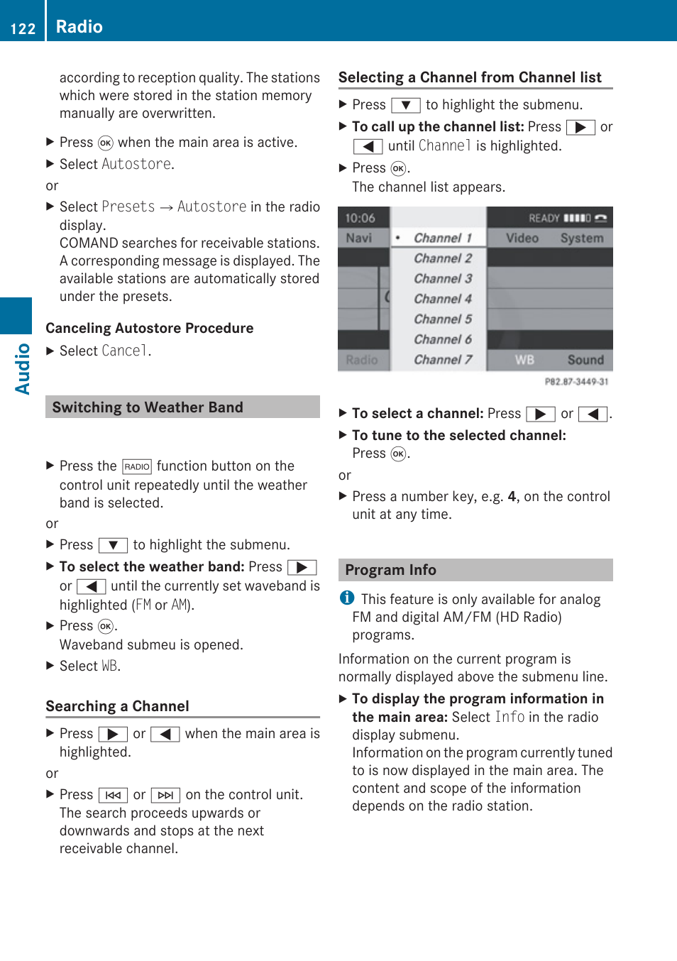 Switching to weather band, Program info, Audio | Radio | Mercedes-Benz G-Class 2010 COMAND Manual User Manual | Page 124 / 224