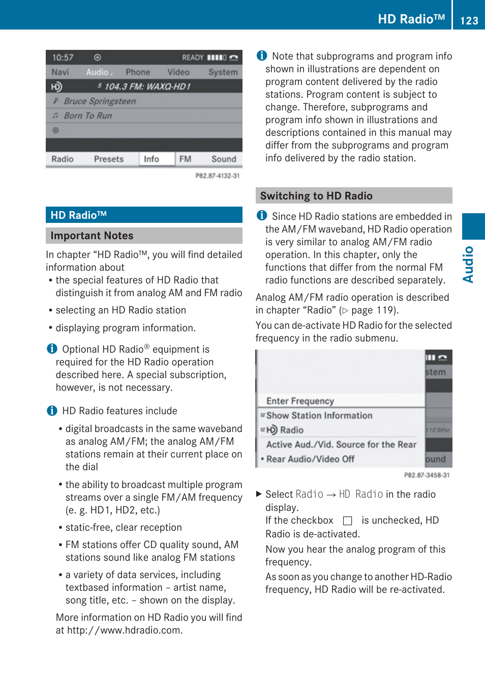 Hd radio, Important notes, Switching to hd radio | Audio | Mercedes-Benz G-Class 2010 COMAND Manual User Manual | Page 125 / 224