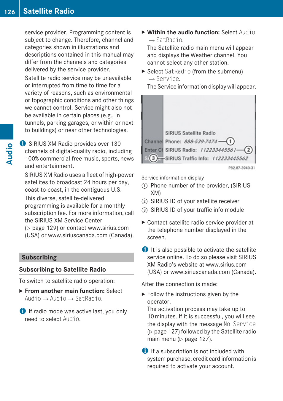Subscribing, Audio, Satellite radio | Mercedes-Benz G-Class 2010 COMAND Manual User Manual | Page 128 / 224