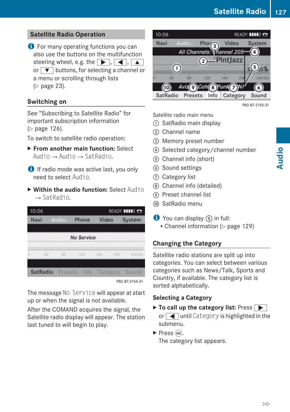 Satellite radio operation, Main menu, Audio | Satellite radio | Mercedes-Benz G-Class 2010 COMAND Manual User Manual | Page 129 / 224