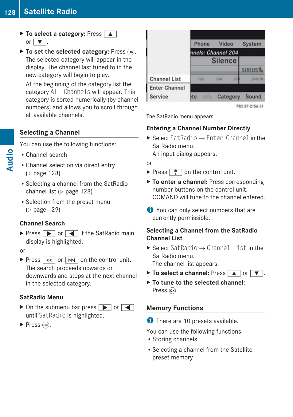 Audio, Satellite radio | Mercedes-Benz G-Class 2010 COMAND Manual User Manual | Page 130 / 224