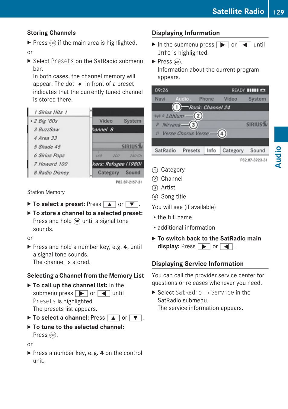 Channel information, Audio, Satellite radio | Mercedes-Benz G-Class 2010 COMAND Manual User Manual | Page 131 / 224