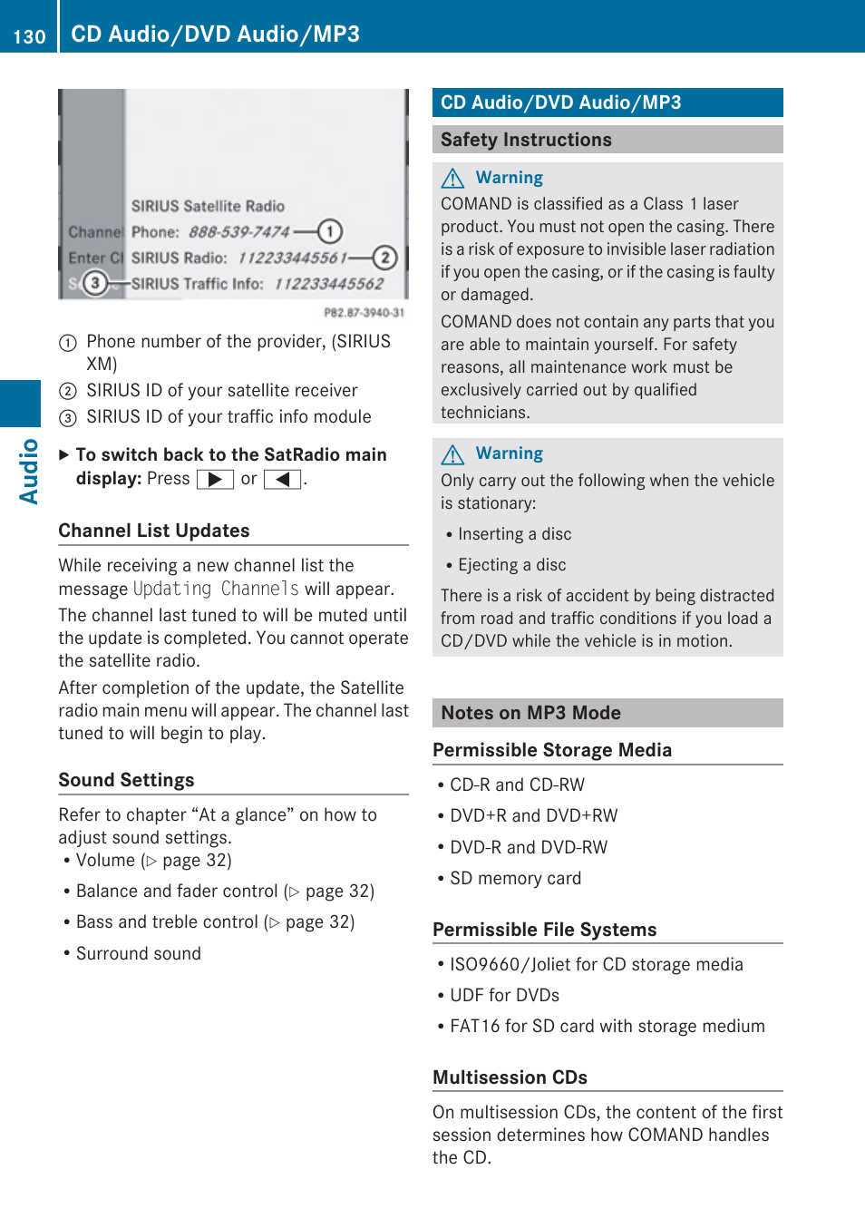 Cd audio/dvd audio/mp3, Safety instructions, Notes on mp3 mode | Cd-/dvd audio/mp3 mode, Audio | Mercedes-Benz G-Class 2010 COMAND Manual User Manual | Page 132 / 224