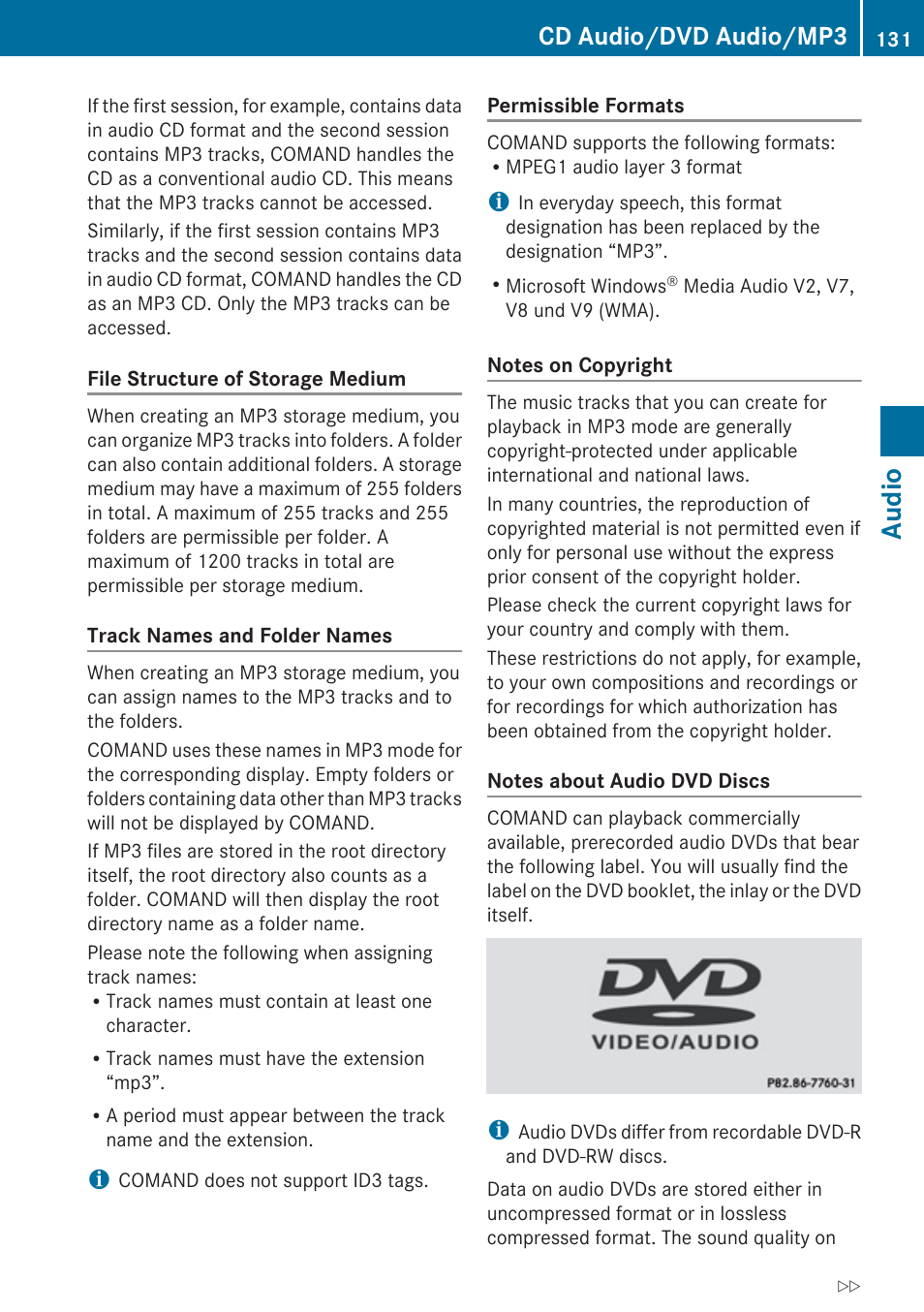 Audio, Cd audio/dvd audio/mp3 | Mercedes-Benz G-Class 2010 COMAND Manual User Manual | Page 133 / 224