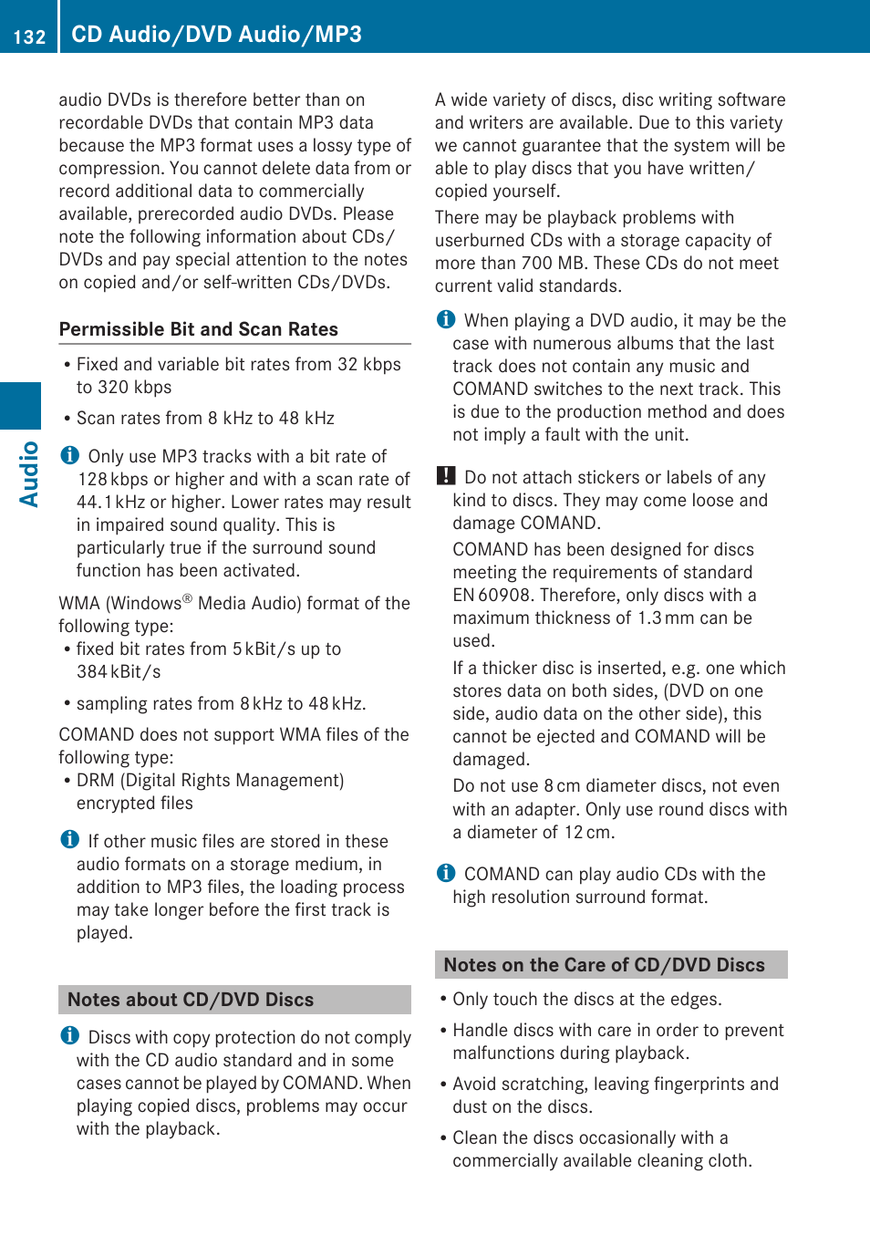Notes about cd/dvd discs, Notes on the care of cd/dvd discs, Audio | Cd audio/dvd audio/mp3 | Mercedes-Benz G-Class 2010 COMAND Manual User Manual | Page 134 / 224