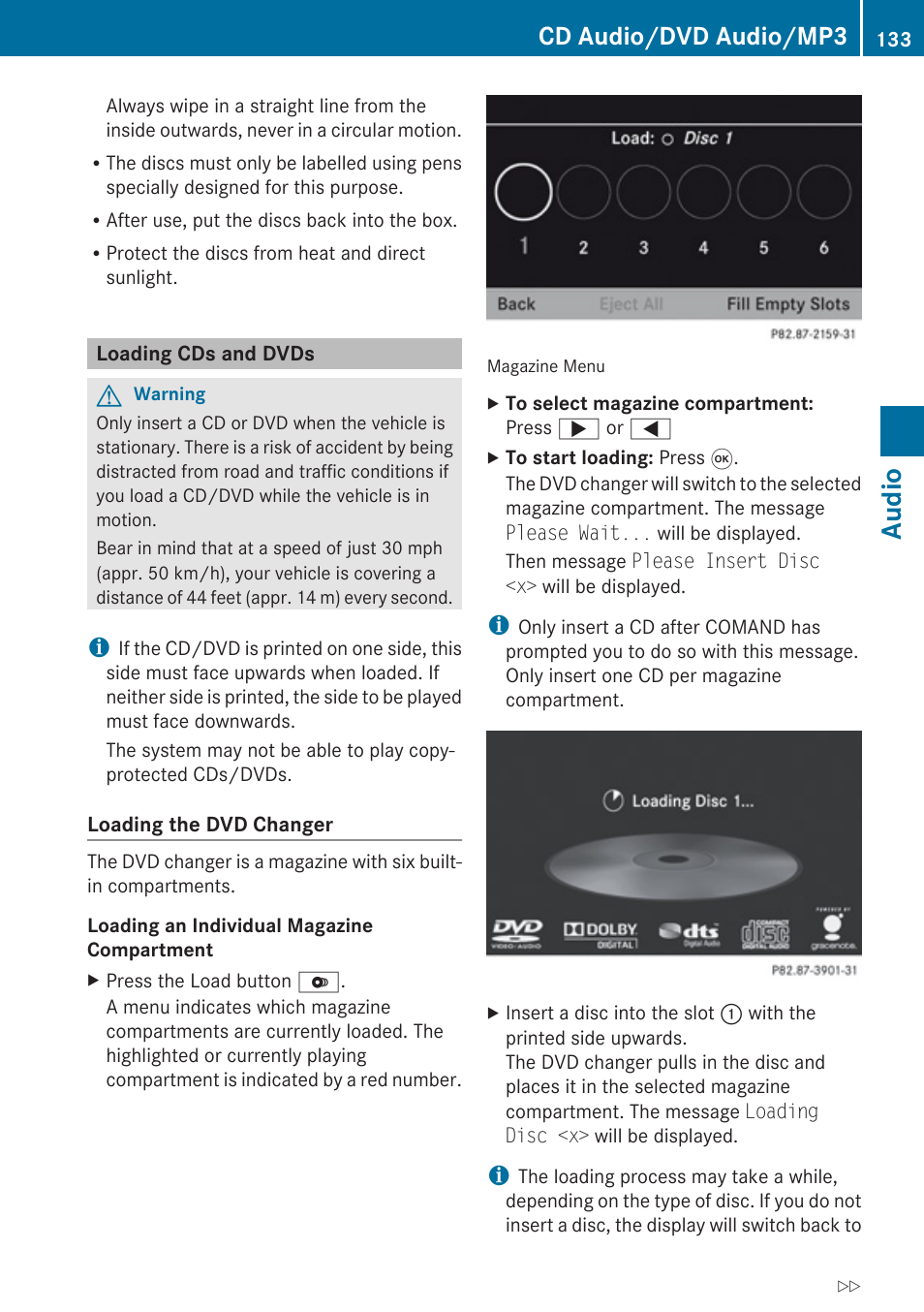 Loading cds and dvds, Audio, Cd audio/dvd audio/mp3 | Mercedes-Benz G-Class 2010 COMAND Manual User Manual | Page 135 / 224