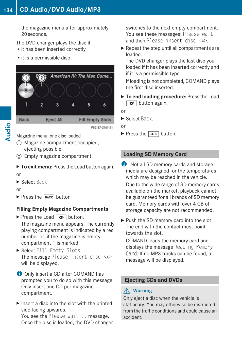 Loading sd memory card, Ejecting cds and dvds, Audio | Cd audio/dvd audio/mp3 | Mercedes-Benz G-Class 2010 COMAND Manual User Manual | Page 136 / 224