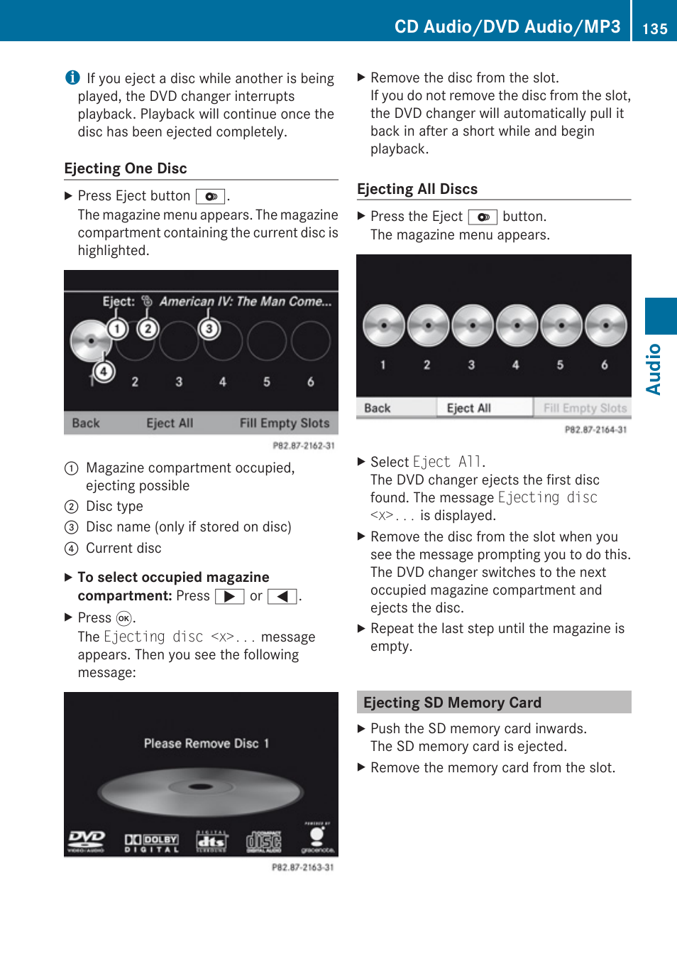 Ejecting sd memory card, Audio, Cd audio/dvd audio/mp3 | Mercedes-Benz G-Class 2010 COMAND Manual User Manual | Page 137 / 224