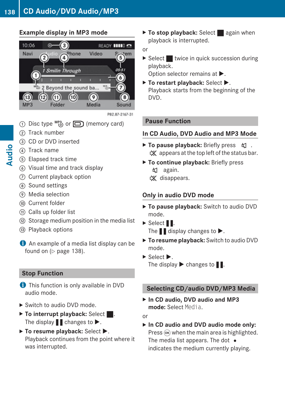 Stop function, Pause function, Selecting cd/audio dvd/mp3 media | Media, Audio, Cd audio/dvd audio/mp3 | Mercedes-Benz G-Class 2010 COMAND Manual User Manual | Page 140 / 224