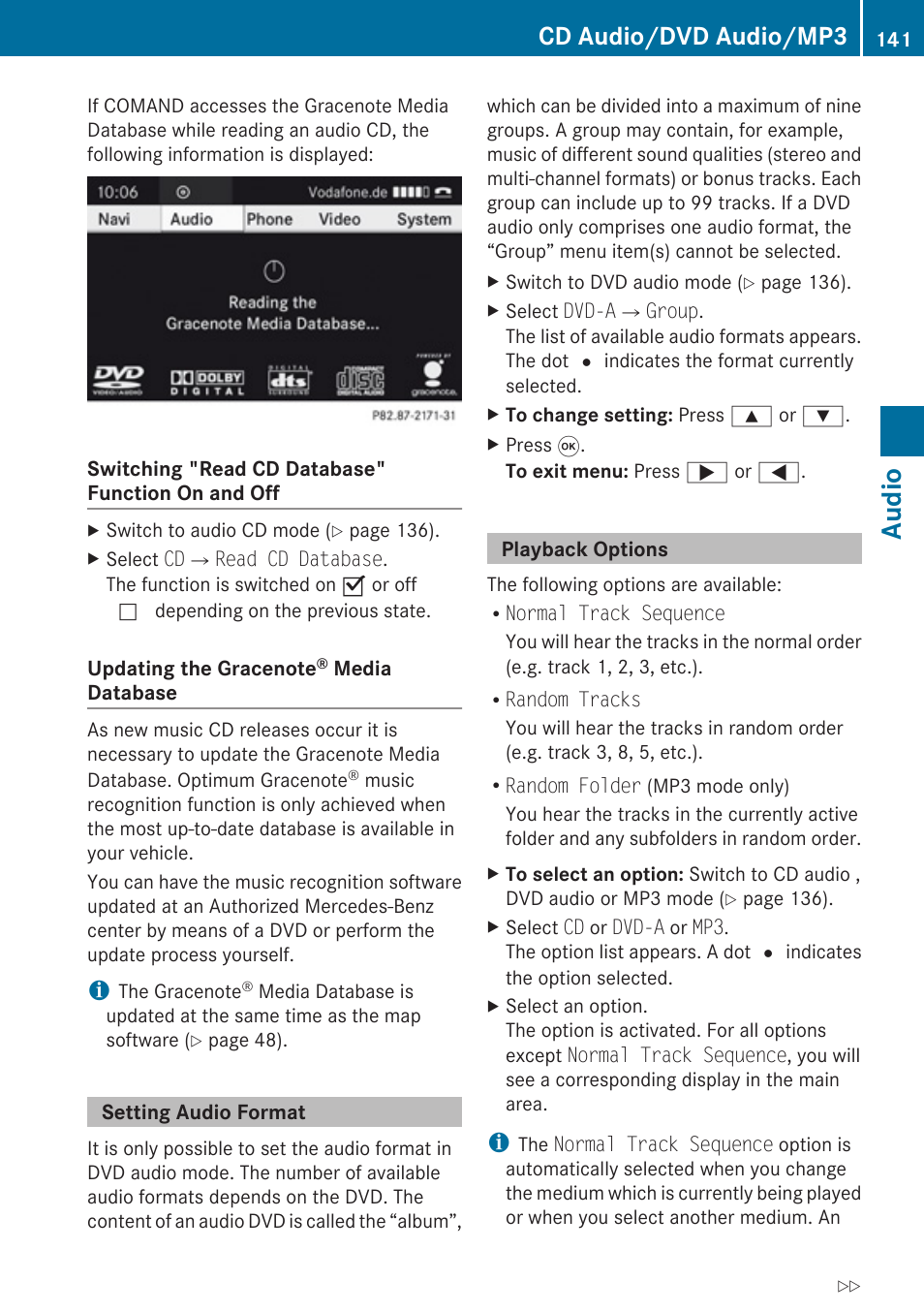 Setting audio format, Playback options, Audio | Cd audio/dvd audio/mp3 | Mercedes-Benz G-Class 2010 COMAND Manual User Manual | Page 143 / 224