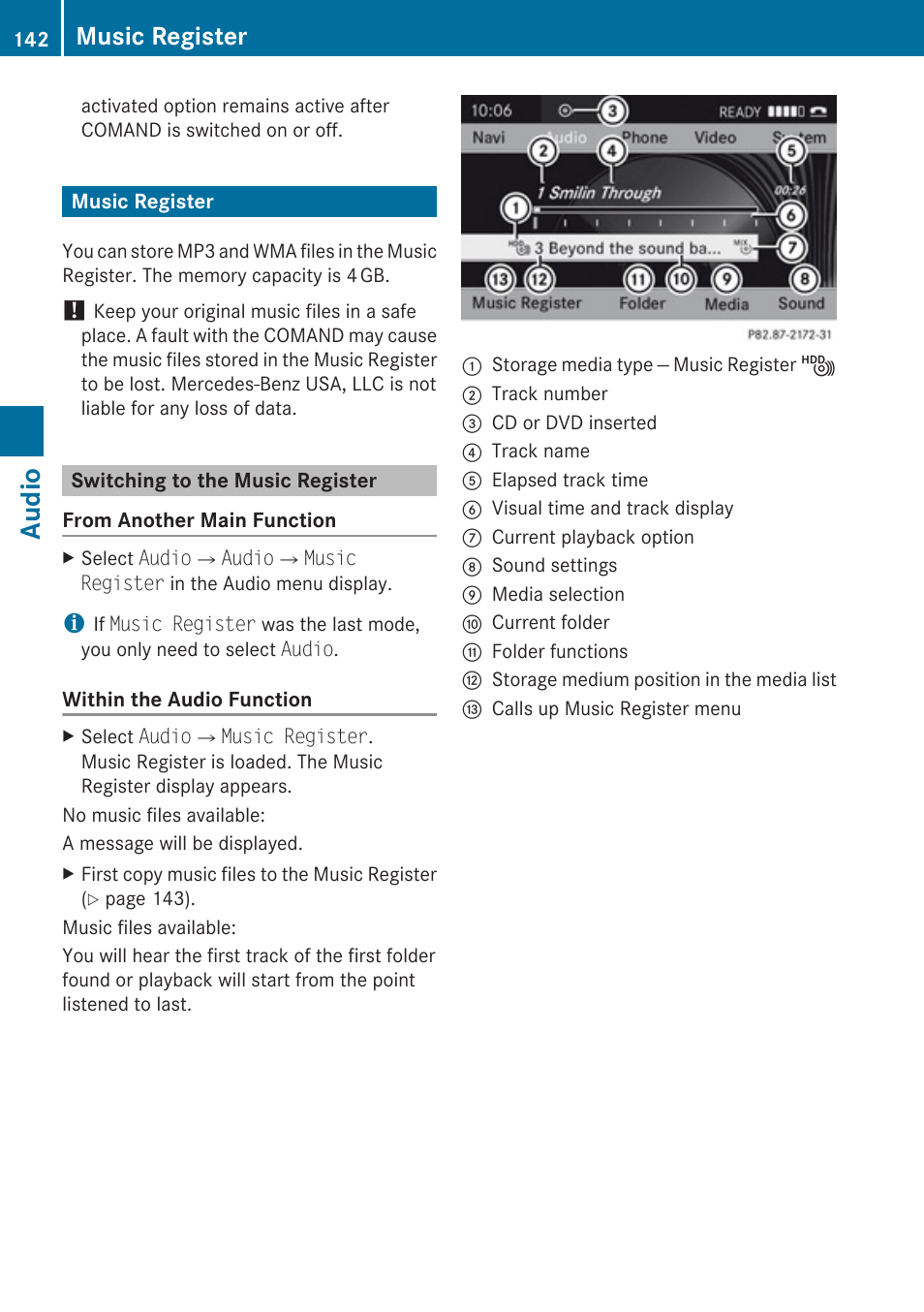 Music register, Switching to the music register, Audio | Mercedes-Benz G-Class 2010 COMAND Manual User Manual | Page 144 / 224