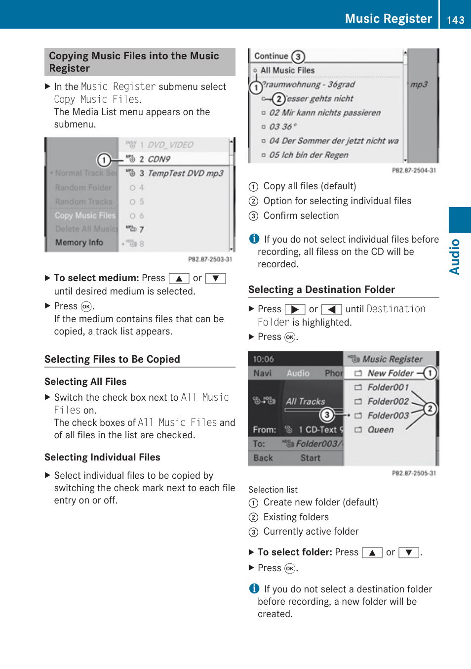 Copying music files into the music register, Audio, Music register | Mercedes-Benz G-Class 2010 COMAND Manual User Manual | Page 145 / 224