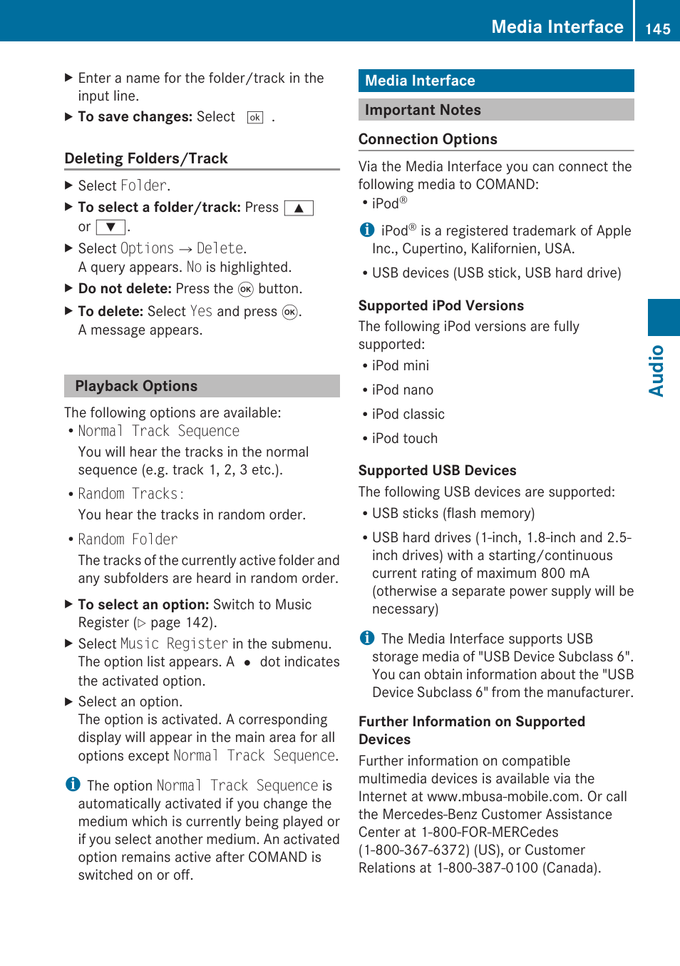 Playback options, Media interface, Important notes | Audio | Mercedes-Benz G-Class 2010 COMAND Manual User Manual | Page 147 / 224