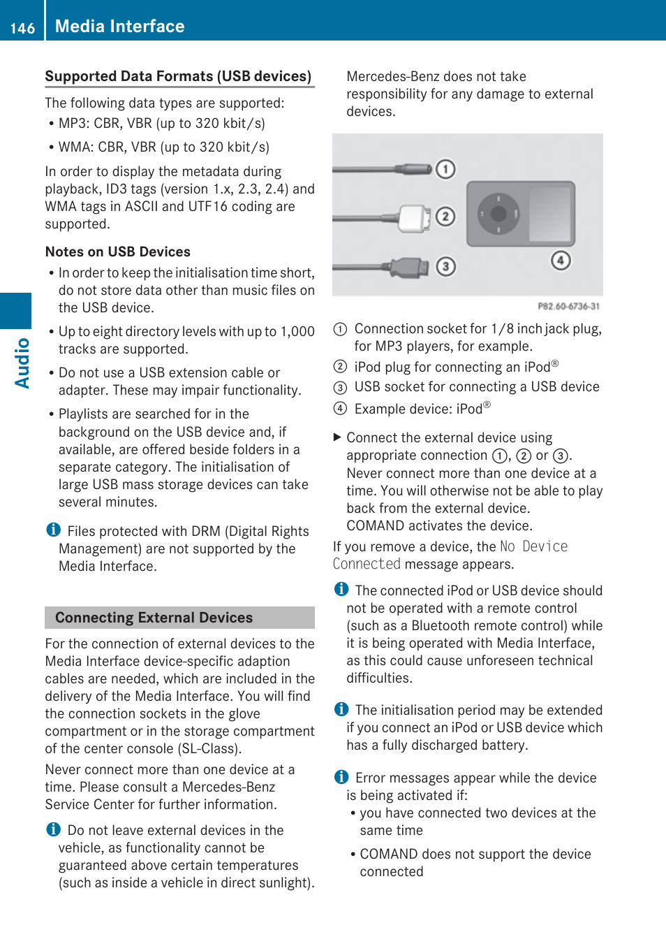 Connecting external devices, Audio, Media interface | Mercedes-Benz G-Class 2010 COMAND Manual User Manual | Page 148 / 224