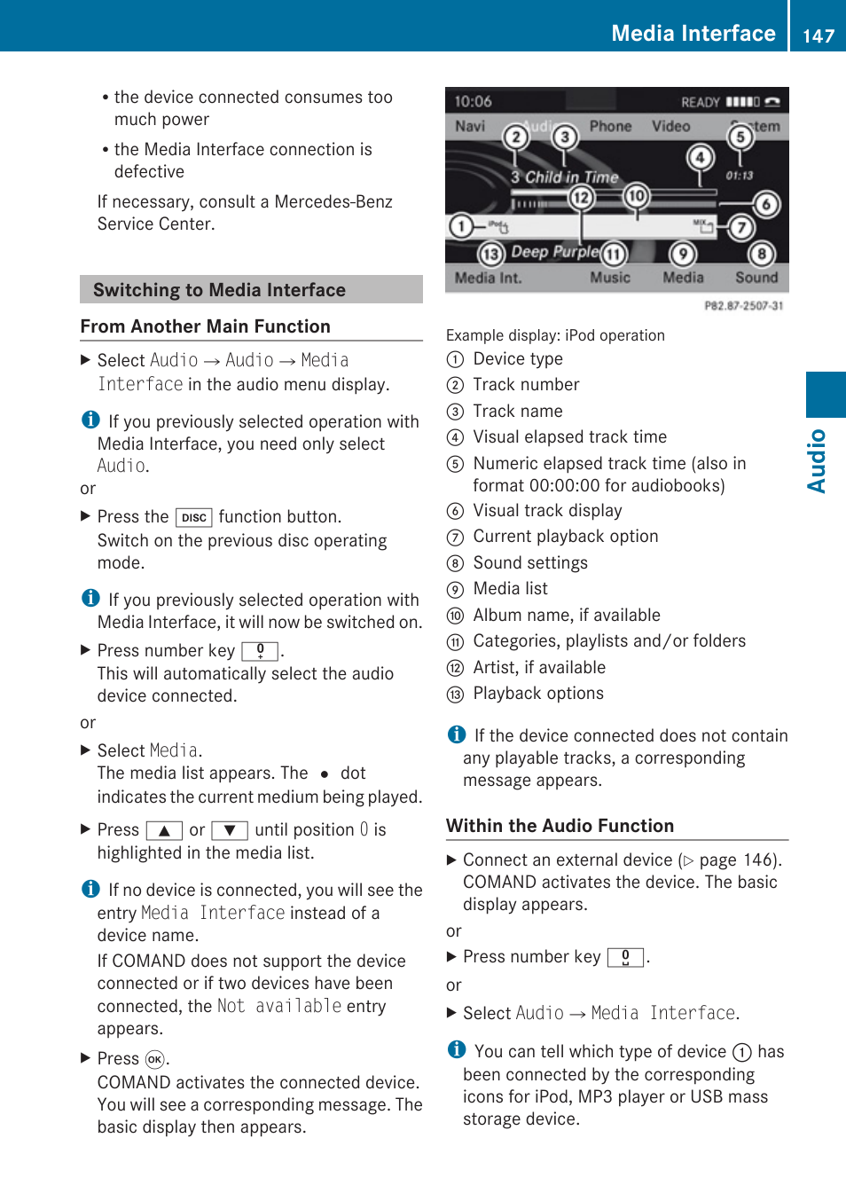 Switching to media interface, Audio, Media interface | Mercedes-Benz G-Class 2010 COMAND Manual User Manual | Page 149 / 224