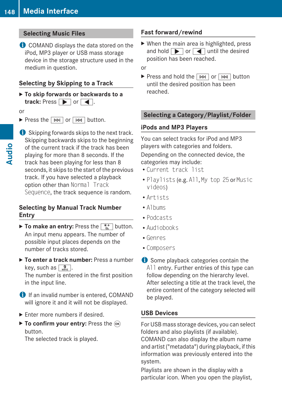 Selecting music files, Selecting a category/playlist/folder, Audio | Media interface | Mercedes-Benz G-Class 2010 COMAND Manual User Manual | Page 150 / 224