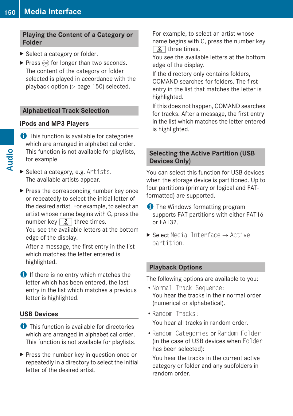 Playing the content of a category or folder, Alphabetical track selection, Selecting the active partition (usb devices only) | Playback options, Audio, Media interface | Mercedes-Benz G-Class 2010 COMAND Manual User Manual | Page 152 / 224