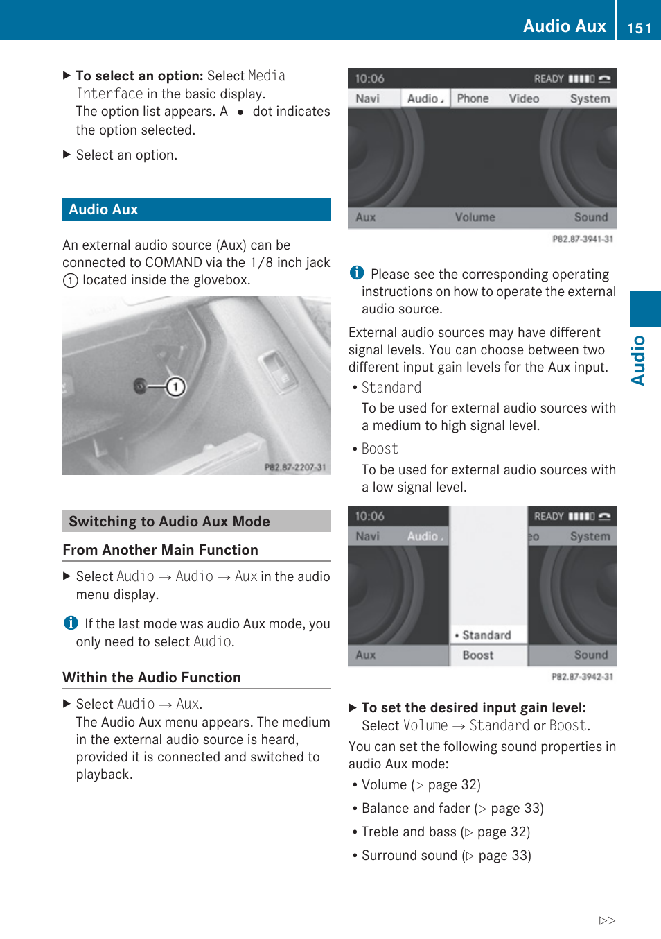 Audio aux, Switching to audio aux mode, Aux mode | Audio | Mercedes-Benz G-Class 2010 COMAND Manual User Manual | Page 153 / 224