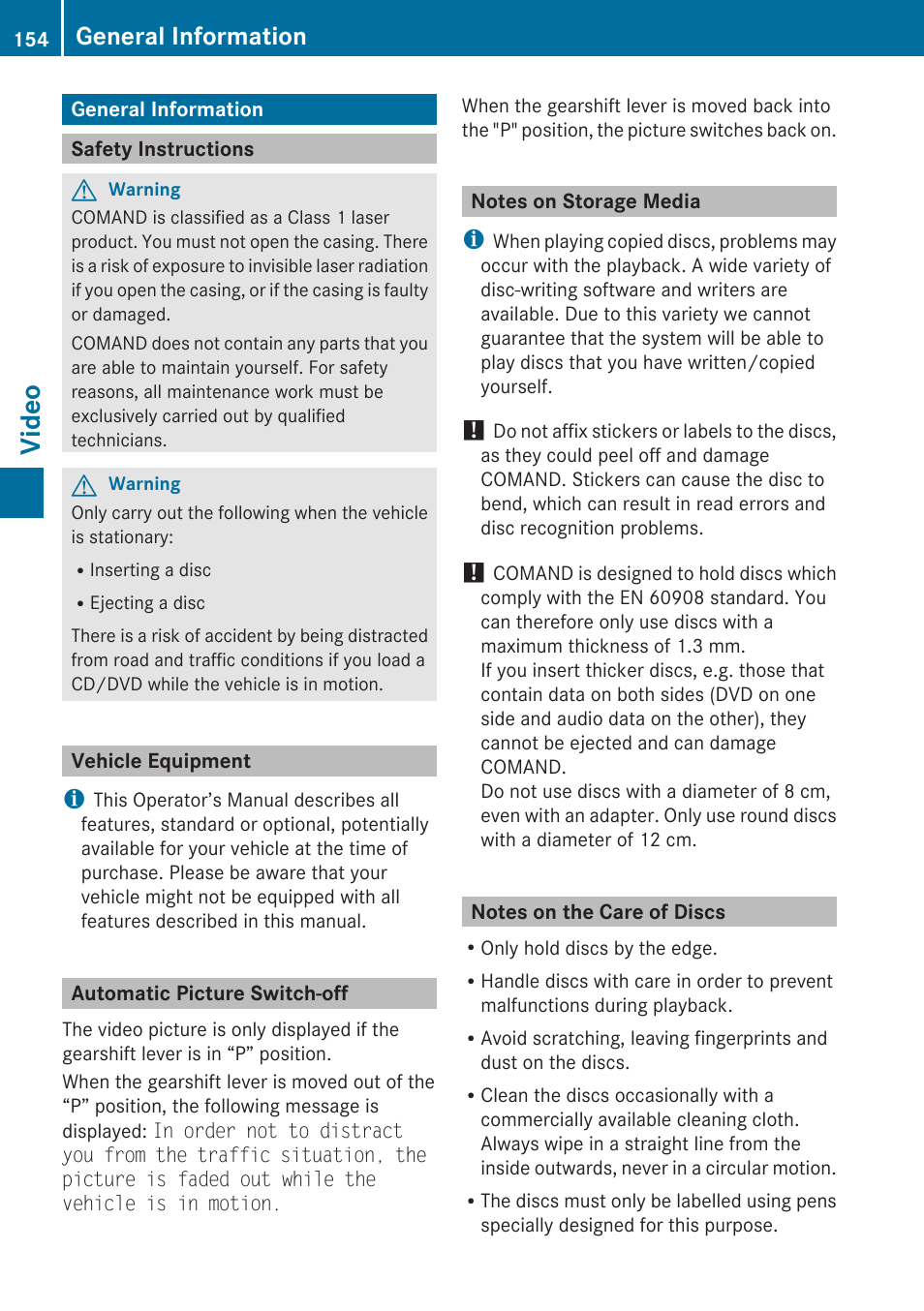 Video, General information, Safety instructions | Vehicle equipment, Automatic picture switch-off, Notes on storage media, Notes on the care of discs | Mercedes-Benz G-Class 2010 COMAND Manual User Manual | Page 156 / 224
