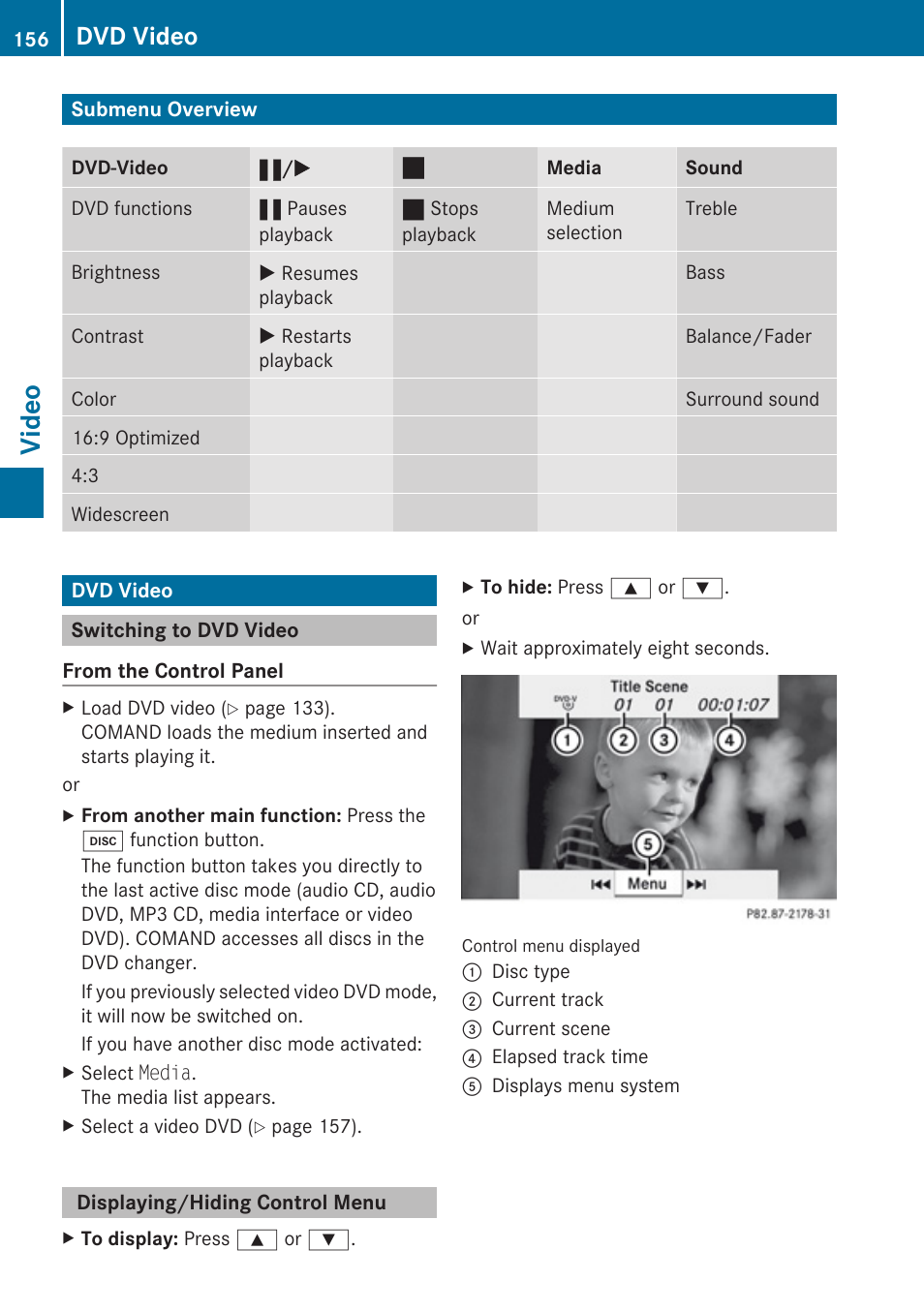 Submenu overview, Dvd video, Switching to dvd video | Displaying/hiding control menu, Video | Mercedes-Benz G-Class 2010 COMAND Manual User Manual | Page 158 / 224