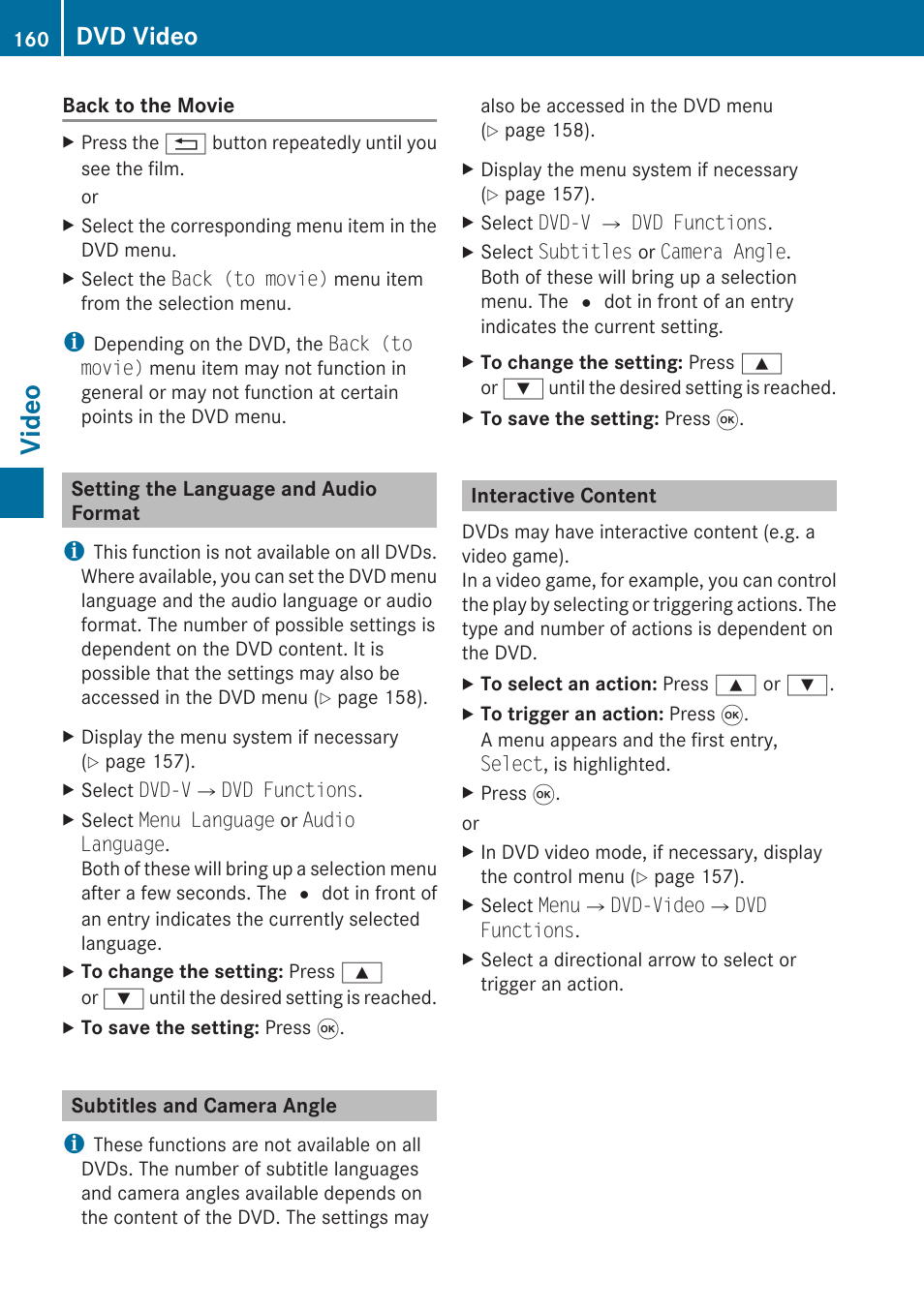 Setting the language and audio format, Subtitles and camera angle, Interactive content | Video, Dvd video | Mercedes-Benz G-Class 2010 COMAND Manual User Manual | Page 162 / 224