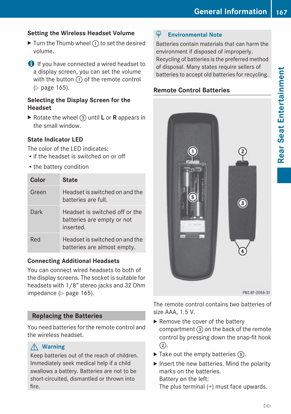 Replacing the batteries, Rear seat entertainment, General information | Mercedes-Benz G-Class 2010 COMAND Manual User Manual | Page 169 / 224
