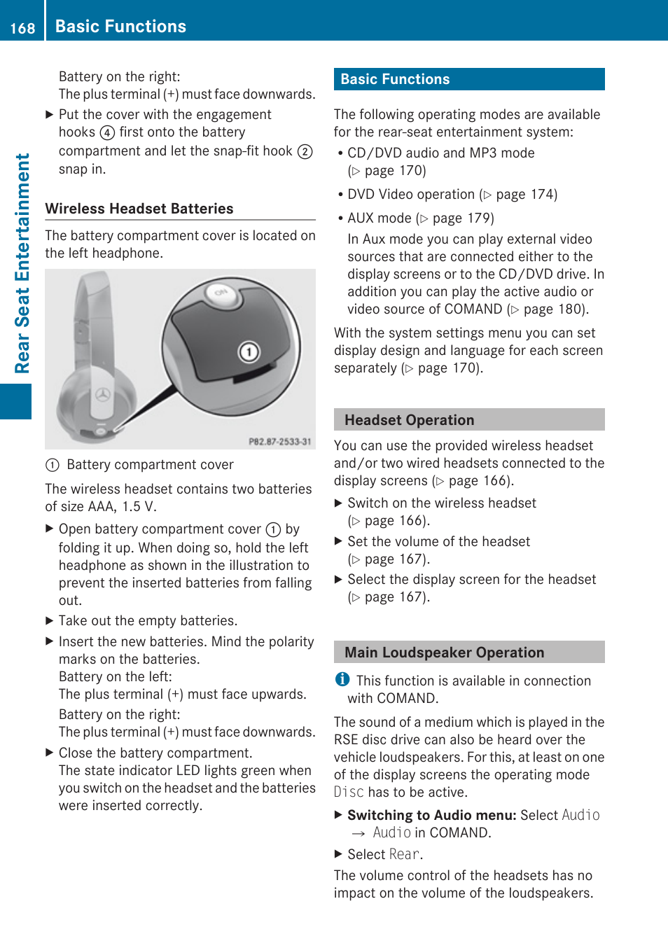 Basic functions, Headset operation, Main loudspeaker operation | Rear seat entertainment | Mercedes-Benz G-Class 2010 COMAND Manual User Manual | Page 170 / 224