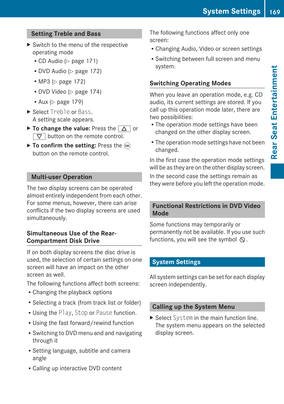 Setting treble and bass, Multi-user operation, Functional restrictions in dvd video mode | System settings, Calling up the system menu, Rear seat entertainment | Mercedes-Benz G-Class 2010 COMAND Manual User Manual | Page 171 / 224