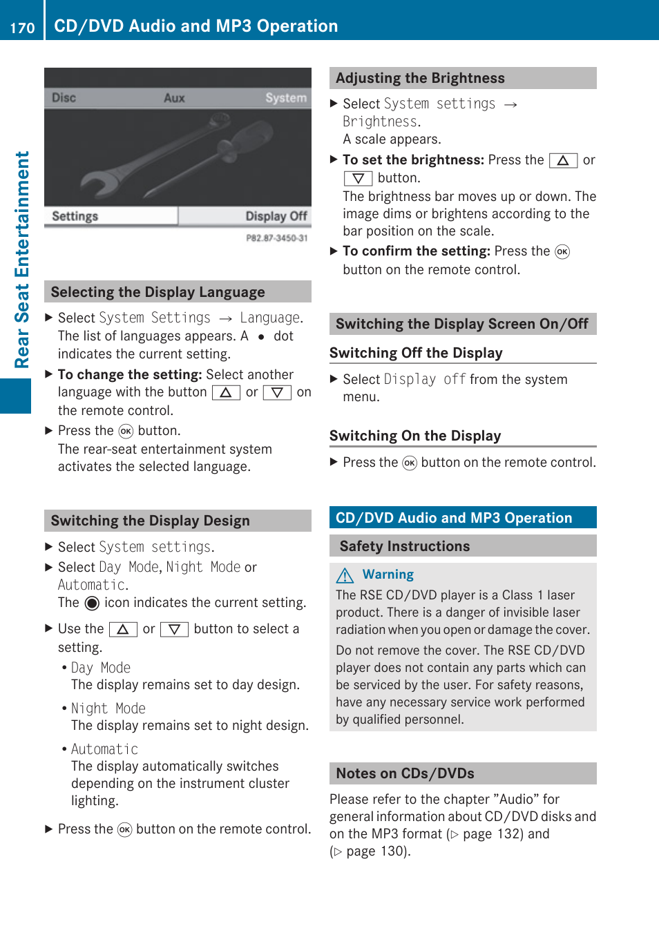 Selecting the display language, Switching the display design, Adjusting the brightness | Switching the display screen on/off, Cd/dvd audio and mp3 operation, Safety instructions, Notes on cds/dvds, Rear seat entertainment | Mercedes-Benz G-Class 2010 COMAND Manual User Manual | Page 172 / 224