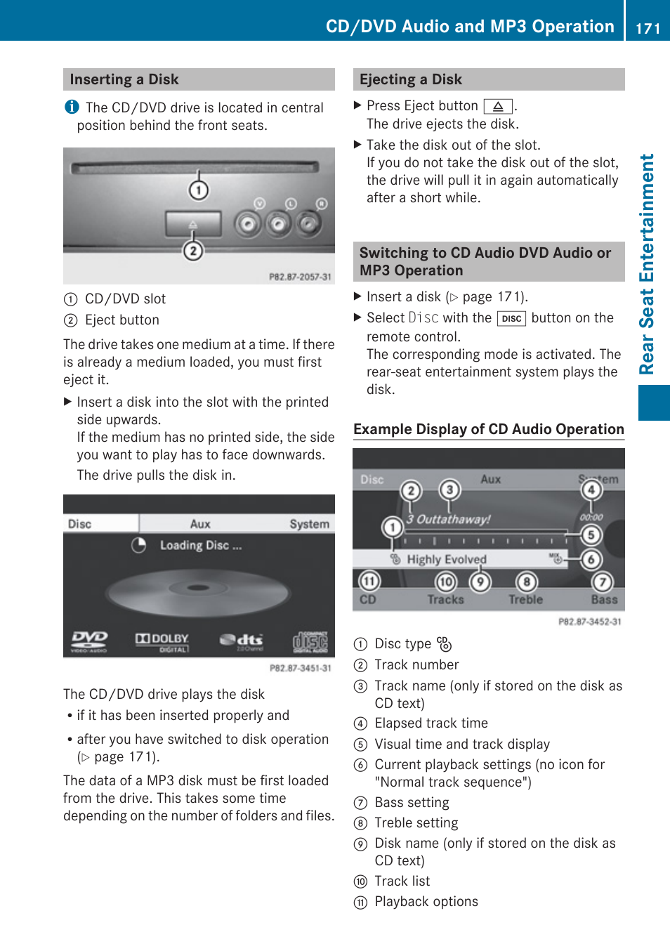 Inserting a disk, Ejecting a disk, Switching to cd audio dvd audio or mp3 operation | Cd audio, Rear seat entertainment, Cd/dvd audio and mp3 operation | Mercedes-Benz G-Class 2010 COMAND Manual User Manual | Page 173 / 224