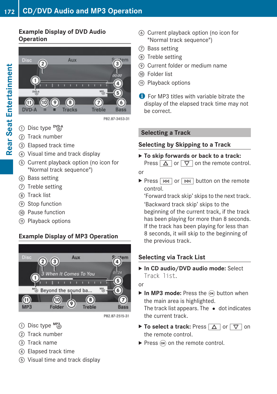Selecting a track, Dvd audio, Rear seat entertainment | Cd/dvd audio and mp3 operation | Mercedes-Benz G-Class 2010 COMAND Manual User Manual | Page 174 / 224