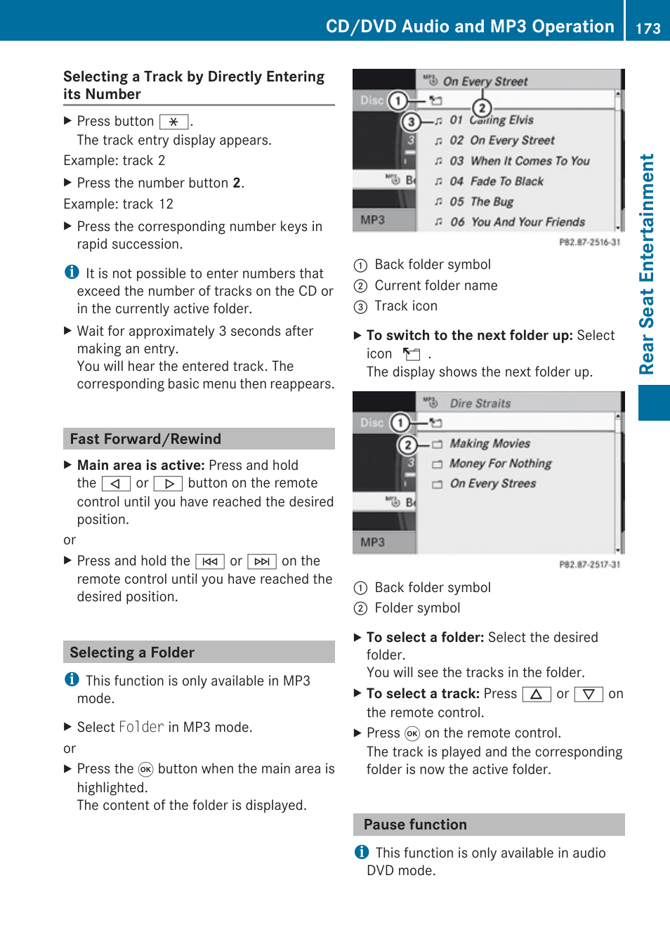 Fast forward/rewind, Selecting a folder, Pause function | Rear seat entertainment, Cd/dvd audio and mp3 operation | Mercedes-Benz G-Class 2010 COMAND Manual User Manual | Page 175 / 224