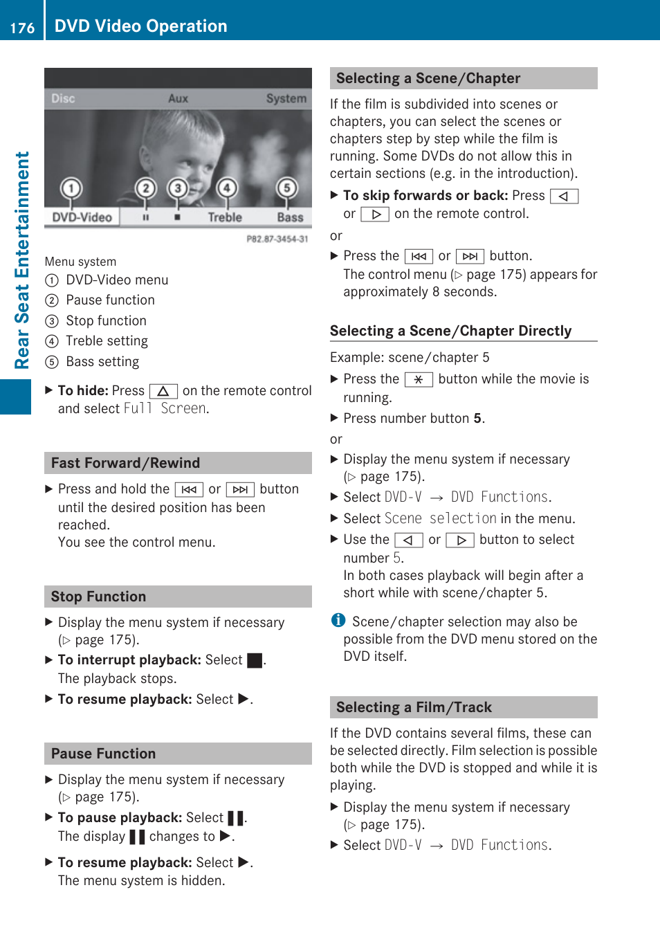 Fast forward/rewind, Stop function, Pause function | Selecting a scene/chapter, Selecting a film/track, Rear seat entertainment, Dvd video operation | Mercedes-Benz G-Class 2010 COMAND Manual User Manual | Page 178 / 224