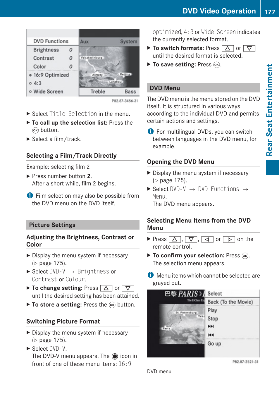 Picture settings, Dvd menu, Item in the dvd menu | Rear seat entertainment, Dvd video operation | Mercedes-Benz G-Class 2010 COMAND Manual User Manual | Page 179 / 224
