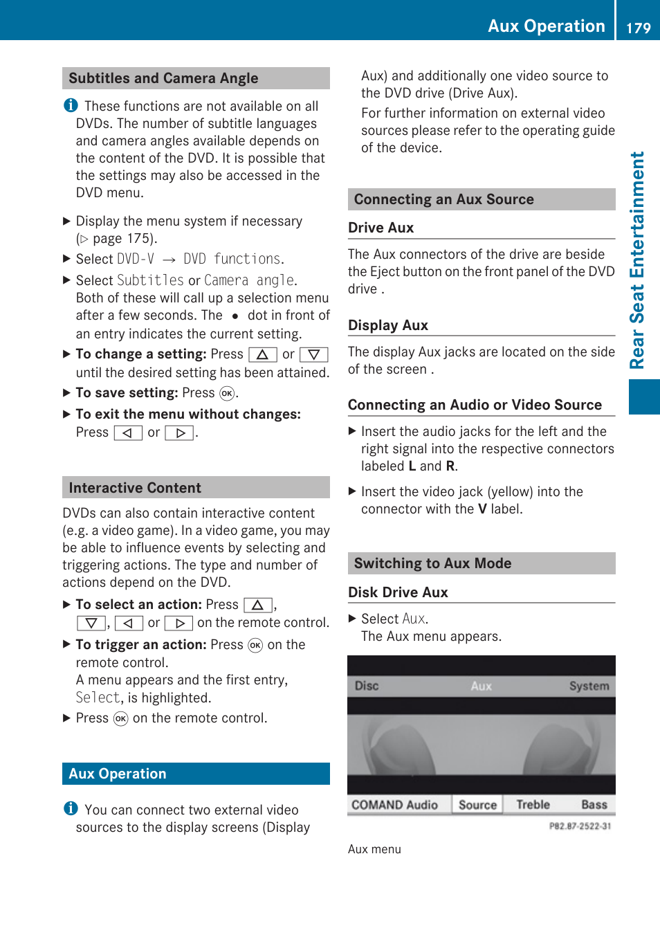 Subtitles and camera angle, Interactive content, Aux operation | Connecting an aux source, Switching to aux mode, Aux mode, Rear seat entertainment | Mercedes-Benz G-Class 2010 COMAND Manual User Manual | Page 181 / 224