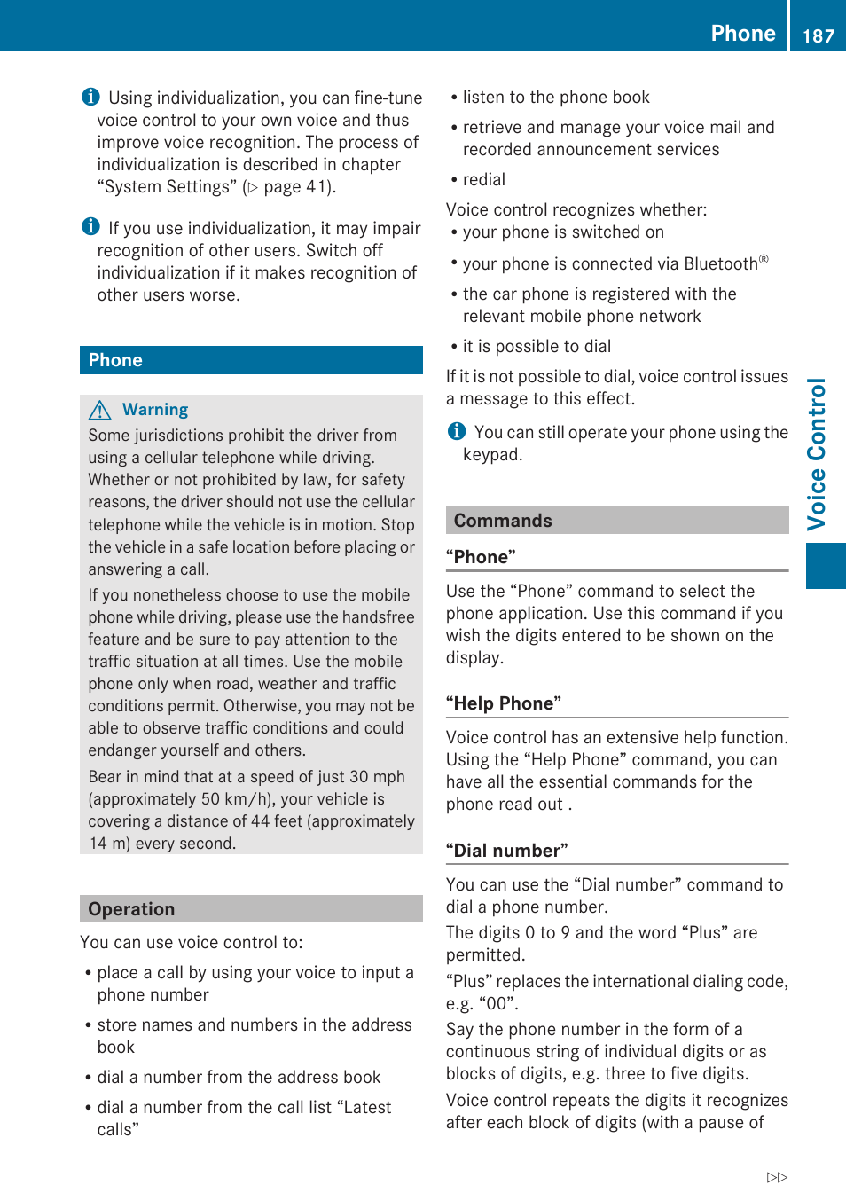 Phone, Operation, Commands | Voice control | Mercedes-Benz G-Class 2010 COMAND Manual User Manual | Page 189 / 224