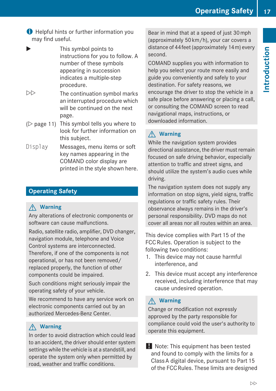 Operating safety, Introduction | Mercedes-Benz G-Class 2010 COMAND Manual User Manual | Page 19 / 224