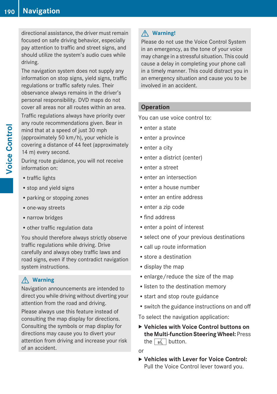 Operation, Voice control, Navigation | Mercedes-Benz G-Class 2010 COMAND Manual User Manual | Page 192 / 224