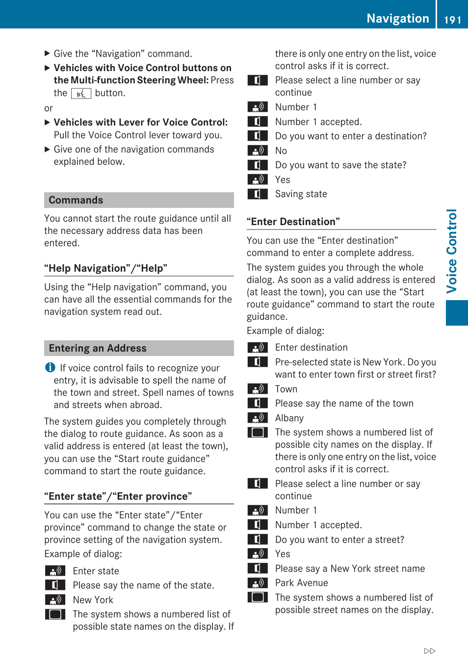 Commands, Entering an address, Voice control | Navigation | Mercedes-Benz G-Class 2010 COMAND Manual User Manual | Page 193 / 224