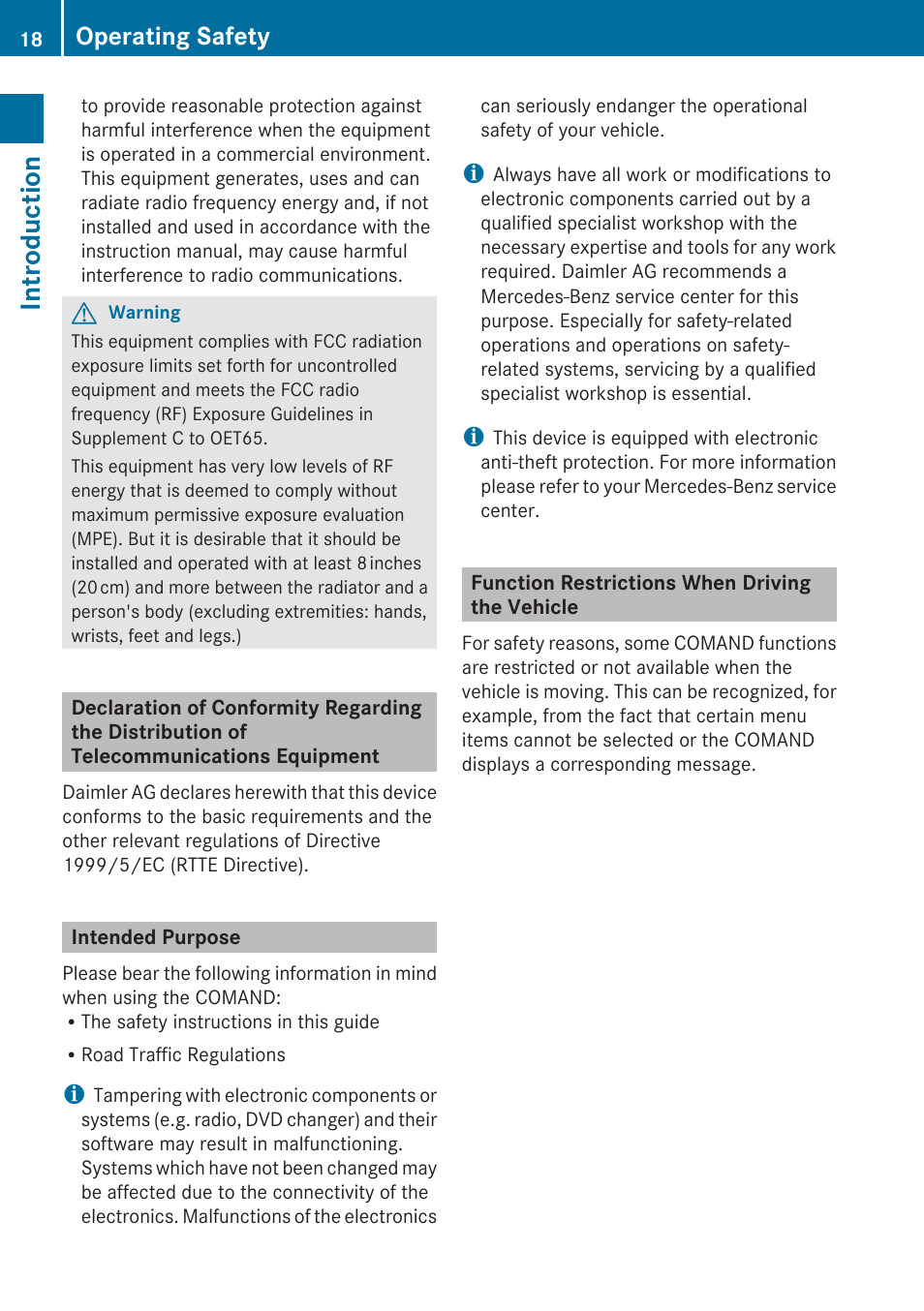 Intended purpose, Function restrictions when driving the vehicle, Introduction | Operating safety | Mercedes-Benz G-Class 2010 COMAND Manual User Manual | Page 20 / 224