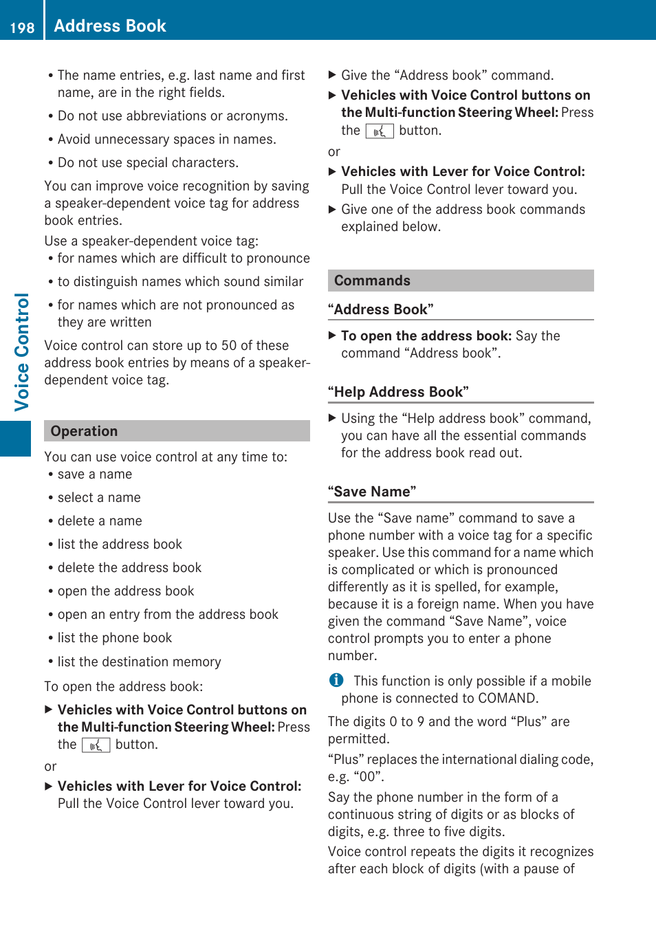Operation, Commands, Voice control | Address book | Mercedes-Benz G-Class 2010 COMAND Manual User Manual | Page 200 / 224