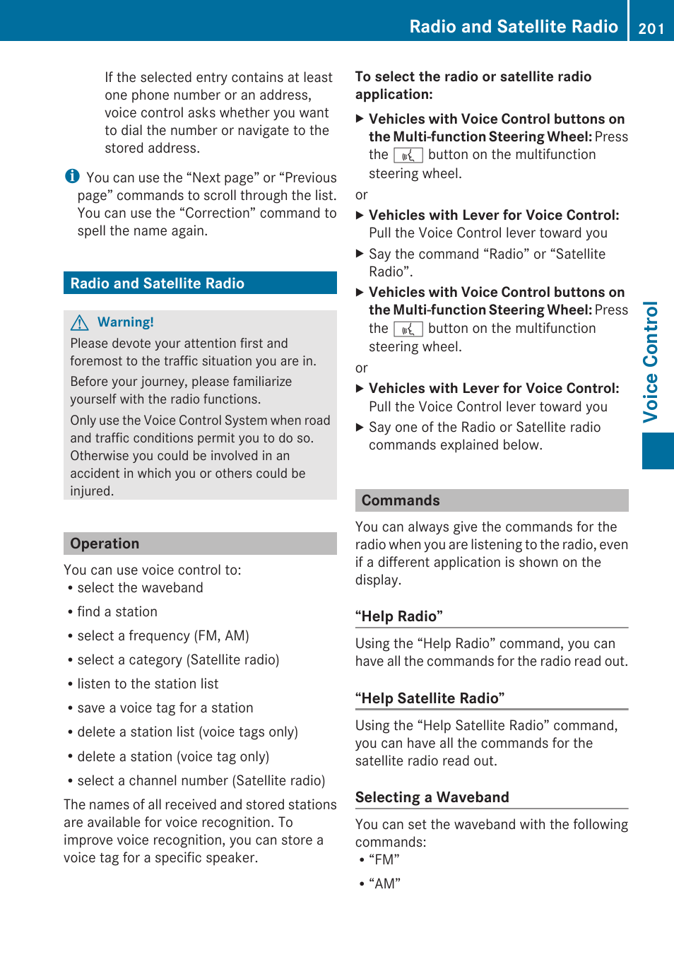 Radio and satellite radio, Operation, Commands | Voice control | Mercedes-Benz G-Class 2010 COMAND Manual User Manual | Page 203 / 224