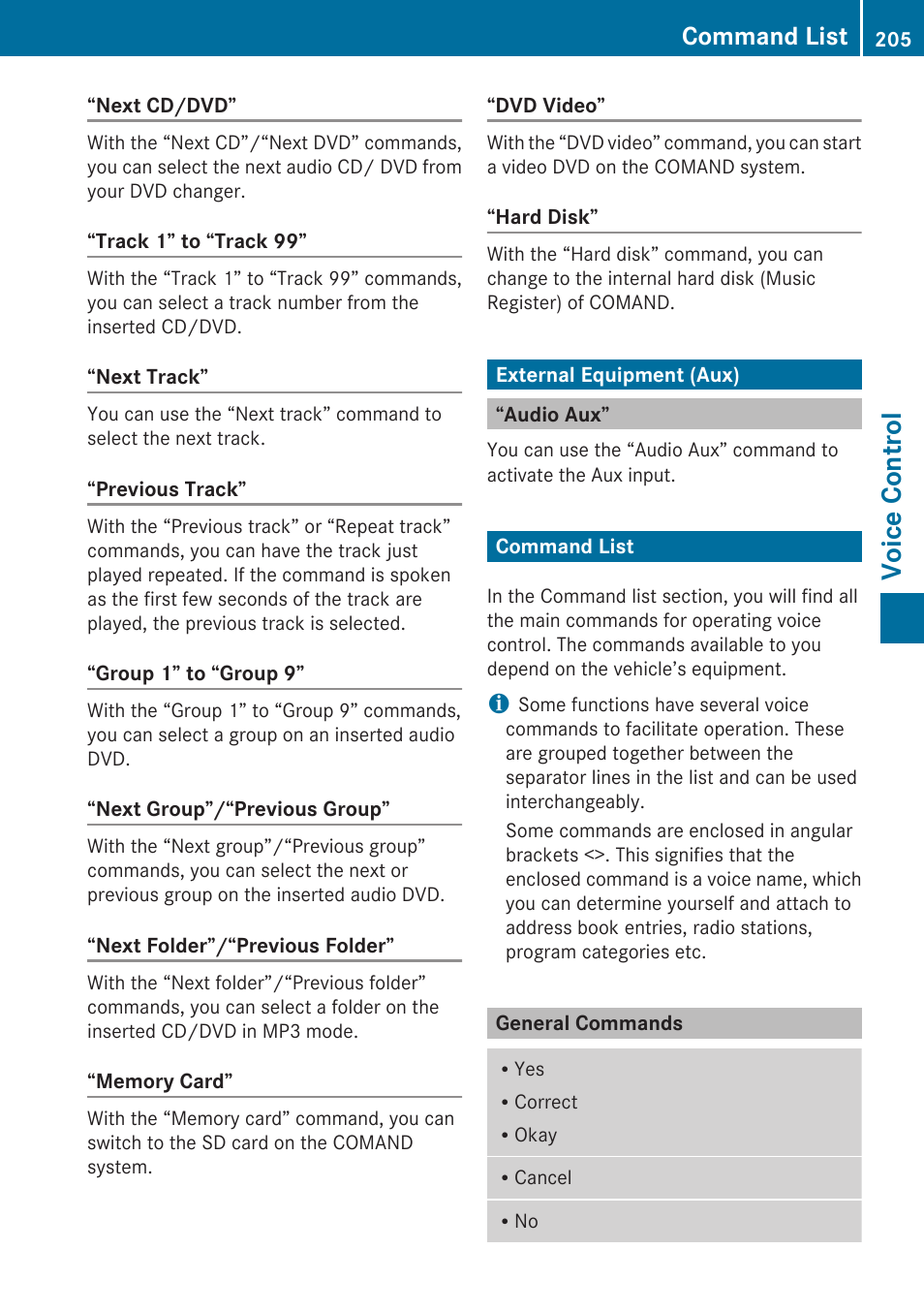 External equipment (aux), Audio aux, Command list | General commands, Voice control | Mercedes-Benz G-Class 2010 COMAND Manual User Manual | Page 207 / 224