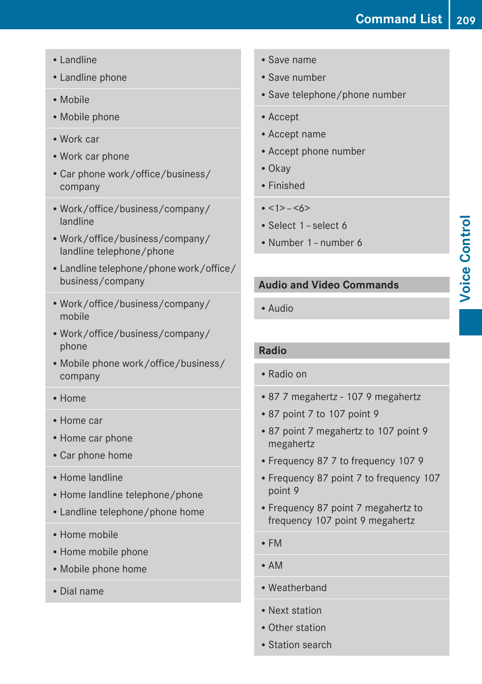 Audio and video commands, Radio, Voice control | Command list | Mercedes-Benz G-Class 2010 COMAND Manual User Manual | Page 211 / 224
