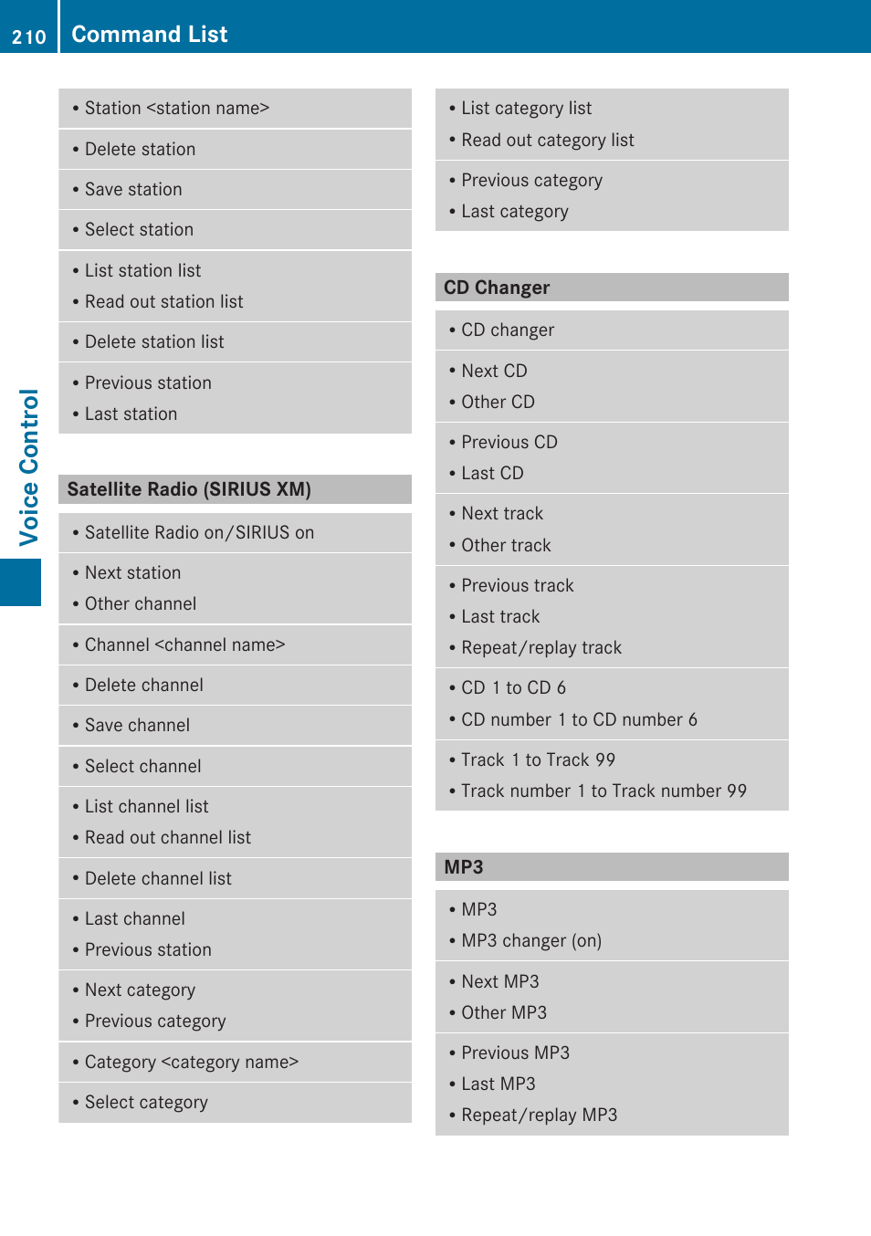Satellite radio (sirius xm), Cd changer, Voice control | Command list | Mercedes-Benz G-Class 2010 COMAND Manual User Manual | Page 212 / 224