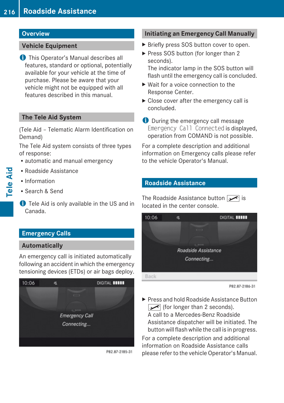 Tele aid, Overview, Vehicle equipment | The tele aid system, Emergency calls, Automatically, Initiating an emergency call manually, Roadside assistance | Mercedes-Benz G-Class 2010 COMAND Manual User Manual | Page 218 / 224
