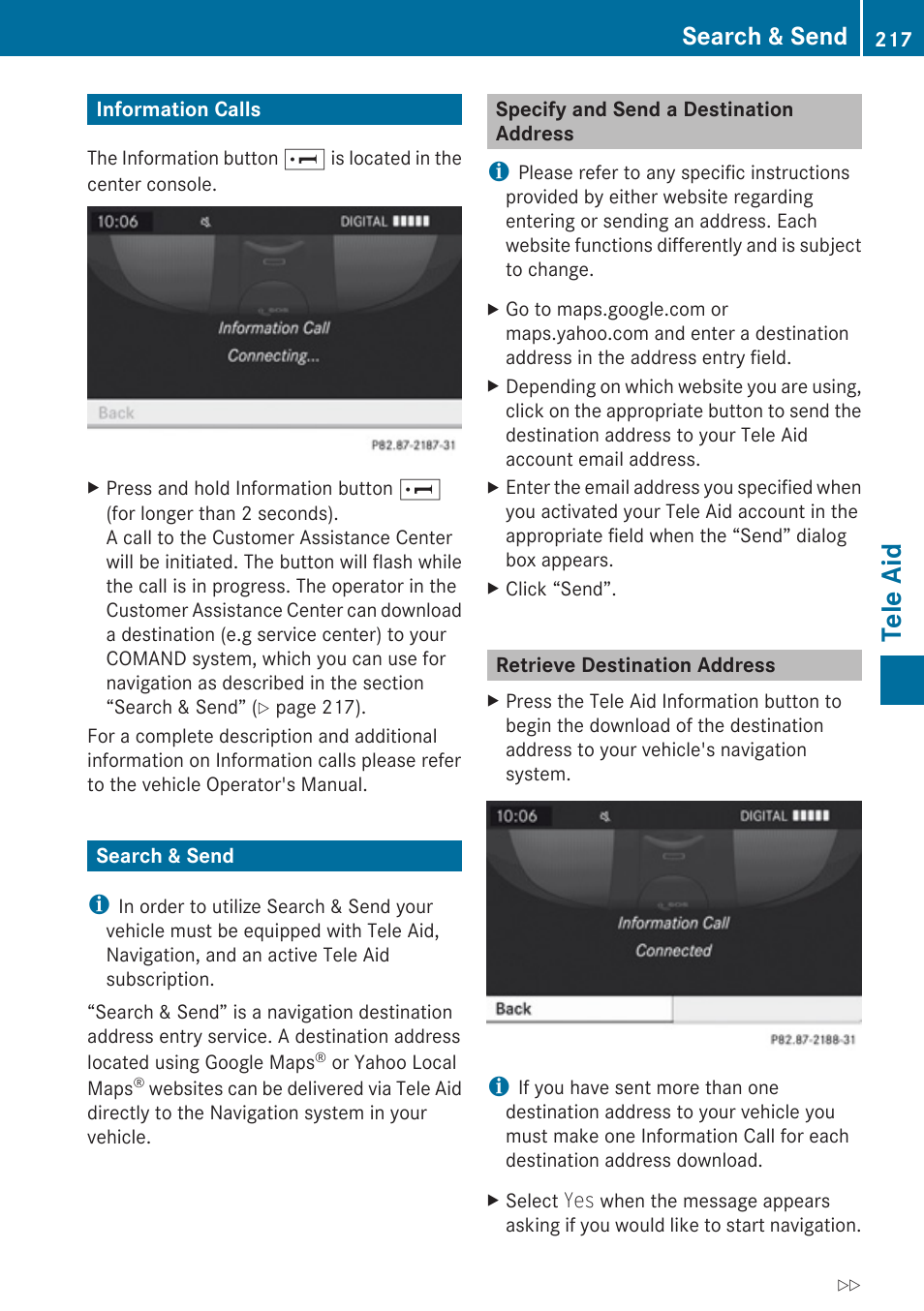 Information calls, Search & send, Specify and send a destination address | Retrieve destination address, Tele aid | Mercedes-Benz G-Class 2010 COMAND Manual User Manual | Page 219 / 224