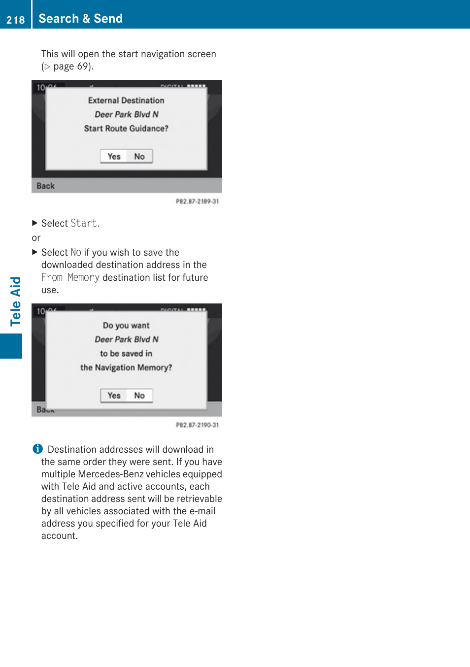 Tele aid, Search & send | Mercedes-Benz G-Class 2010 COMAND Manual User Manual | Page 220 / 224