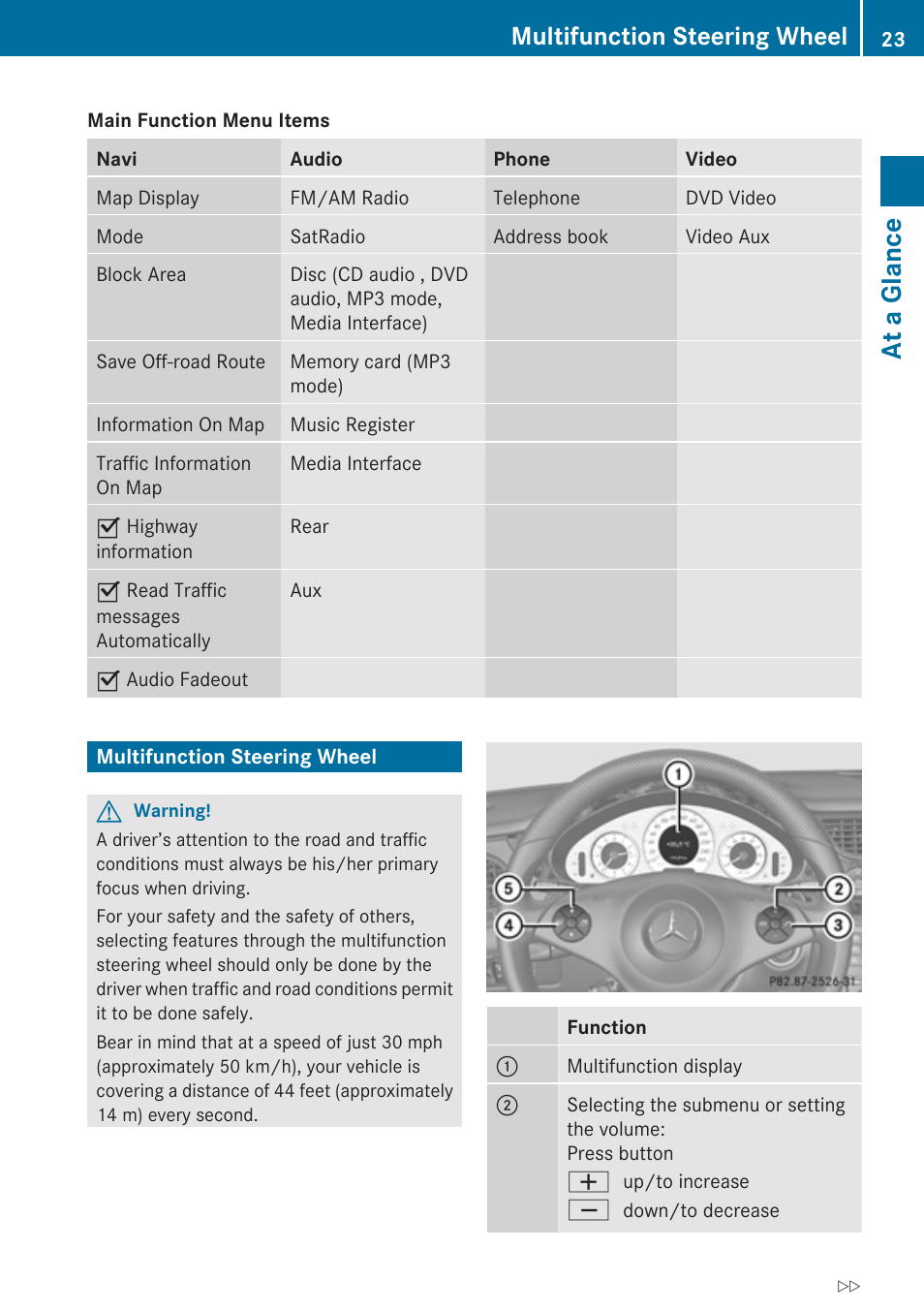 Multifunction steering wheel, The main function line, At a glance | Mercedes-Benz G-Class 2010 COMAND Manual User Manual | Page 25 / 224