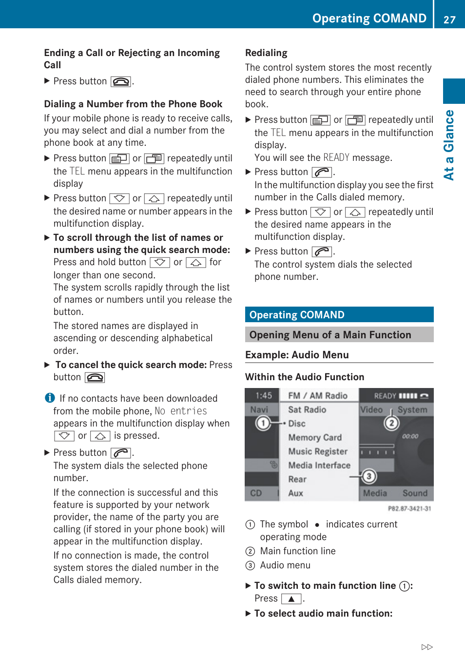 Operating comand, Opening menu of a main function, At a glance | Mercedes-Benz G-Class 2010 COMAND Manual User Manual | Page 29 / 224